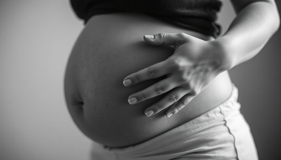 Pregnant woman's torso in black and white, hand on belly