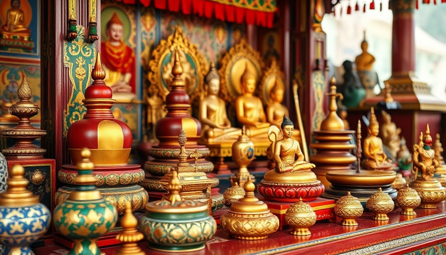 Traditional Buddhist ritual objects symbolizing different schools of Buddhism.