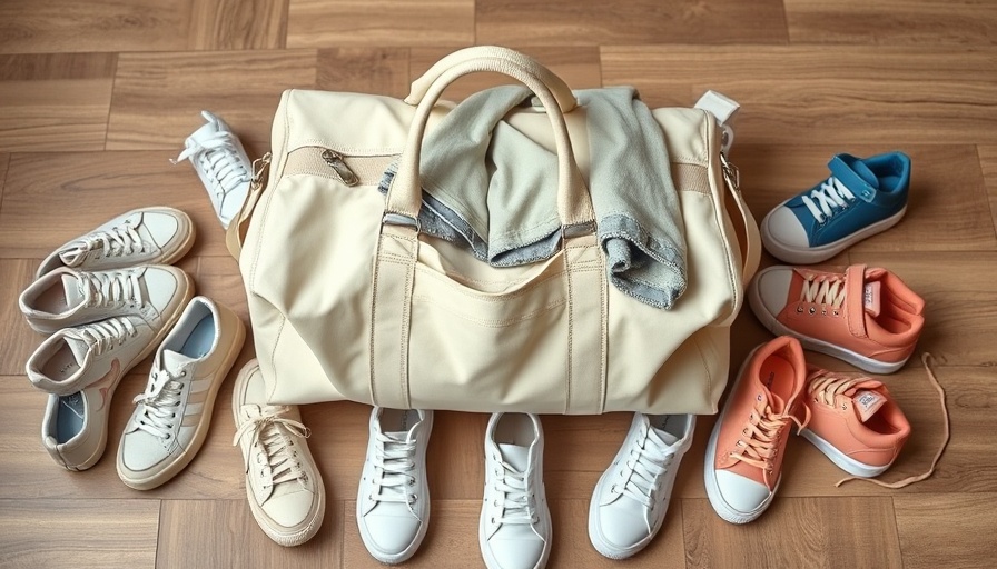 Cream weekender bag with trendy sneakers, DSW promotion.