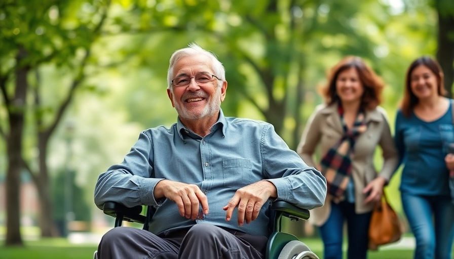 Family enjoying walk in park with elderly man in wheelchair.