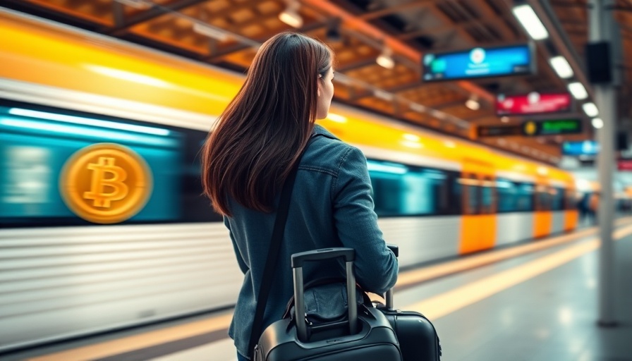 Cartoon image of woman at station with Bitcoin train.