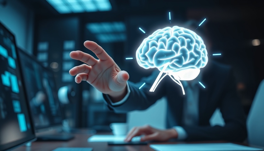 AI in Customer Experience: Digital brain hologram in an office setting.