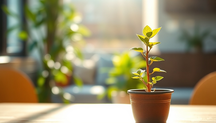 Affordable living symbolized by a young plant on a sunny table.