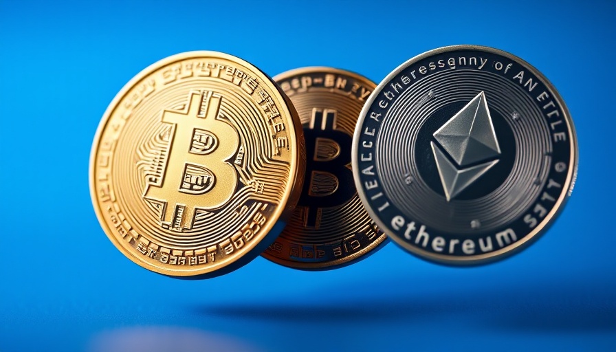 Detailed cryptocurrency coins featuring Bitcoin and Ethereum logos.