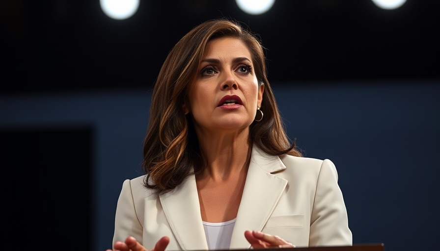 Serious woman delivering speech on dark stage, cinematic setting.