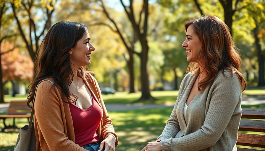 Two women discussing in a park under sunlight.