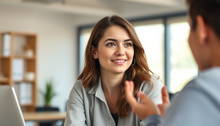 Young woman discussing layoff anxiety solutions in an office.