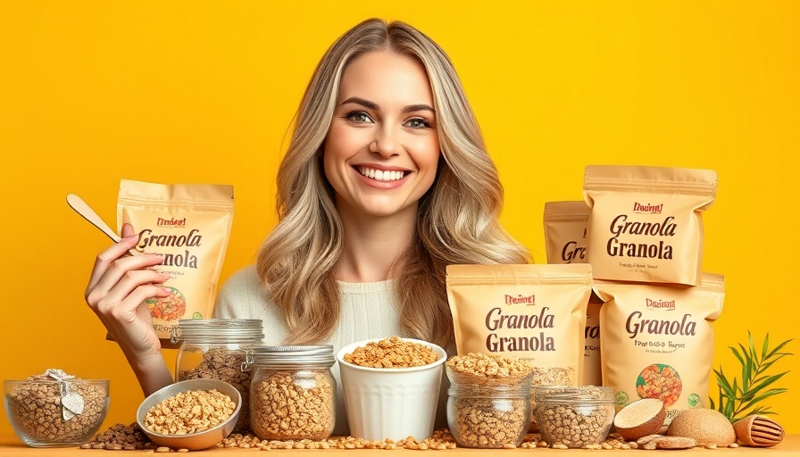 Smiling woman with granola products against yellow backdrop, Starting A Business From Home.