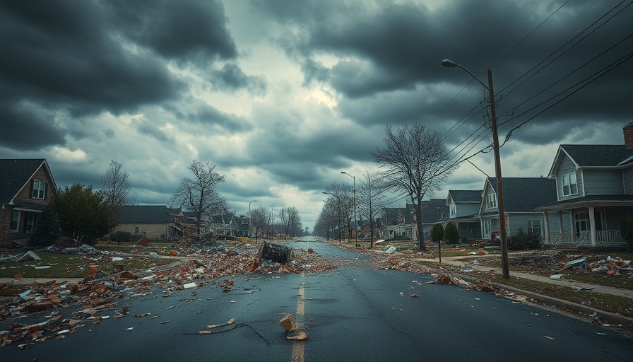 Debris littered street after deadly storm in southern USA.