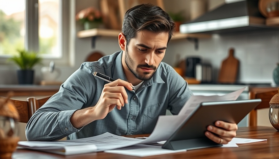 Young man pondering financial mistakes with documents on table.