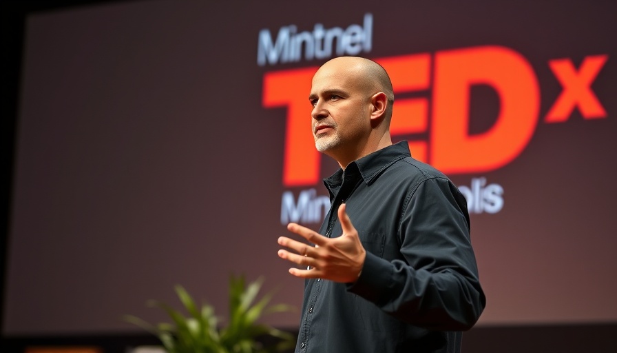 Man speaking at TEDx Minneapolis illustrating where good ideas come from.