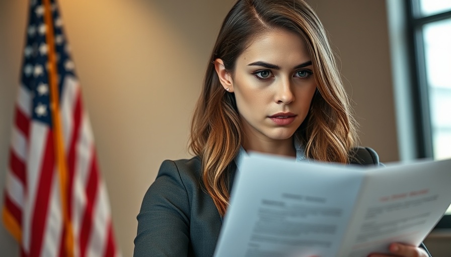 Young woman analyzing documents with American flag background, symbolizing Federal Crypto Spending.