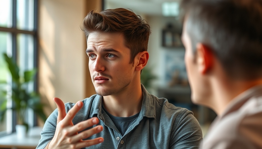 Confident young man using effective conversationalist phrases indoors.