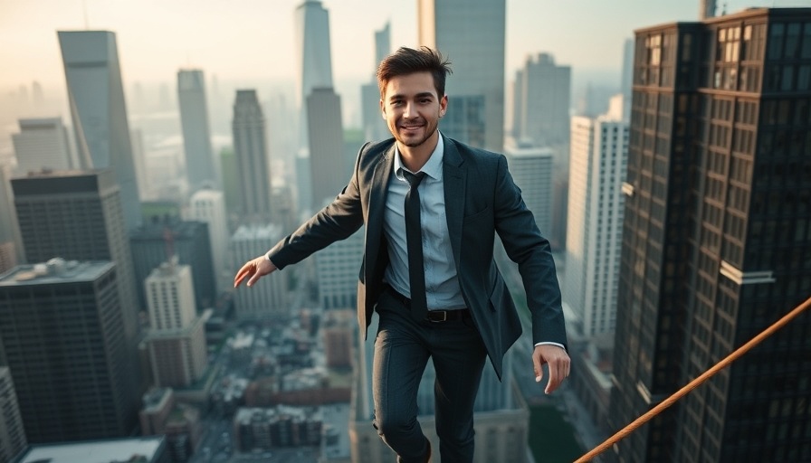 Ambition and balance: Professional balancing on tightrope in city.