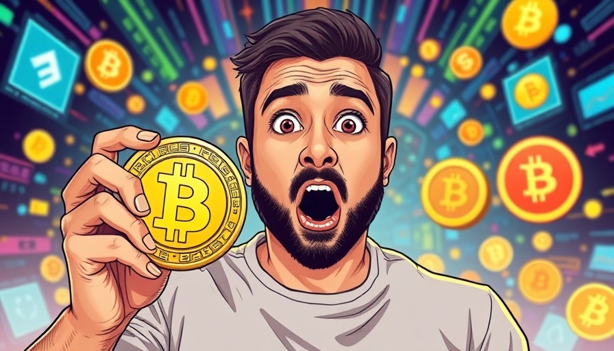 Surprised man with digital coin in vibrant tokenized gold concept.
