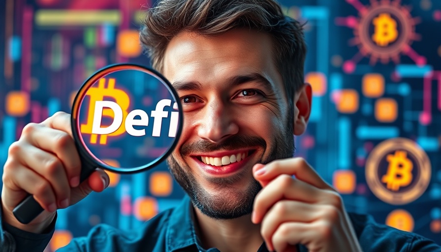 DeFi metrics visual with symbols and smiling man.