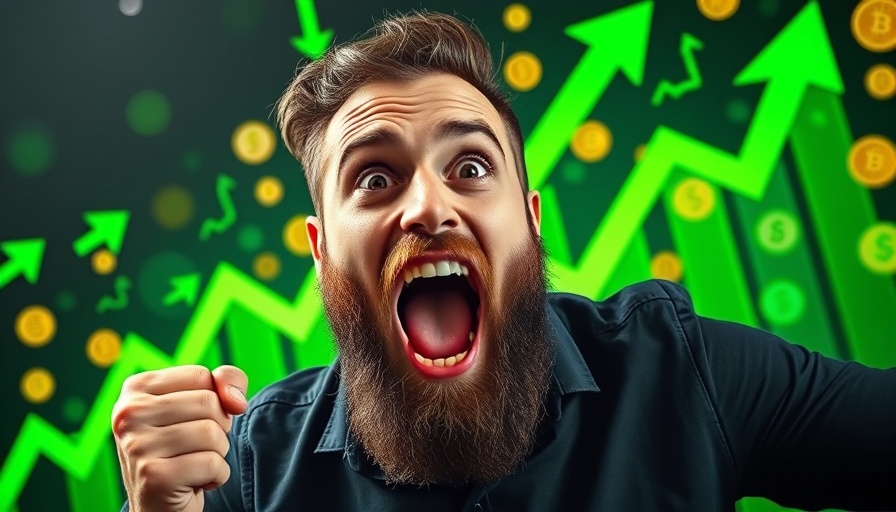Excited man and cryptocurrency symbols with Total Value Locked theme.