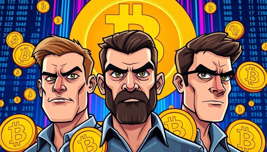 Bitcoin buying frenzy cartoon of serious male figures and crypto icons.