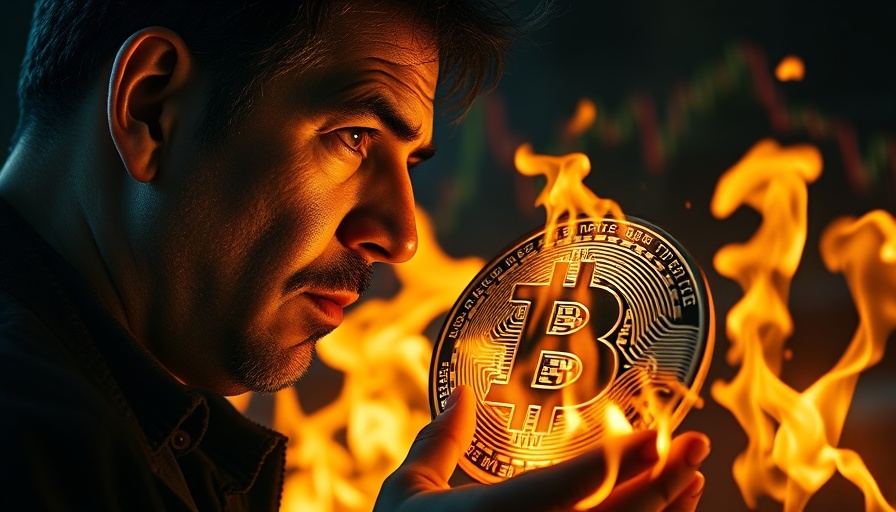 Stunned man reacting to burning Bitcoin, intense flames, Bitcoin News.