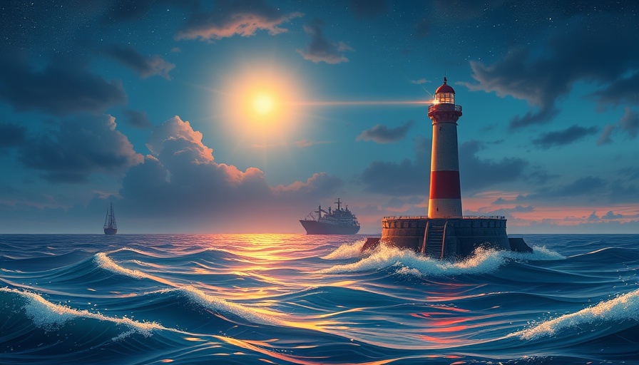 Vibrant seascape illustration with lighthouse and ships in ocean.