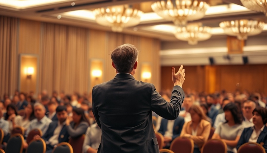 Conference speaker discussing Bitcoin on stage.