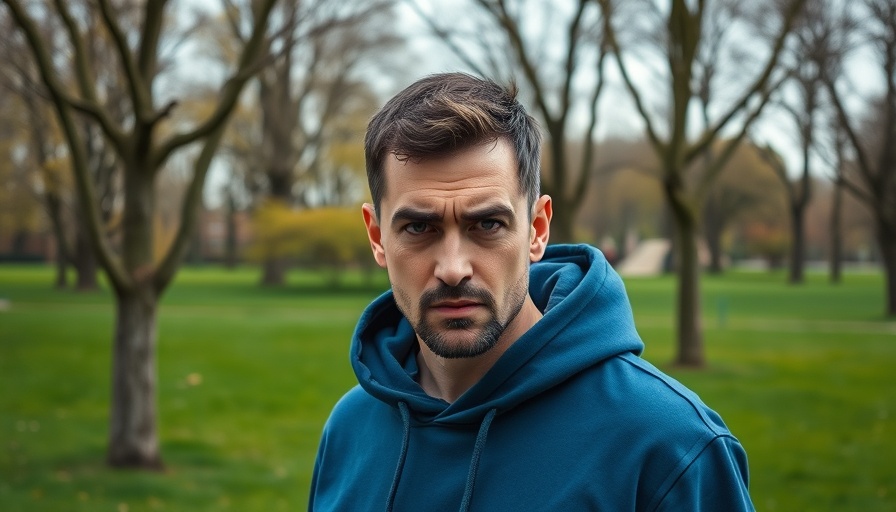 Man in park warning about Bitcoin volatility, intense expression.