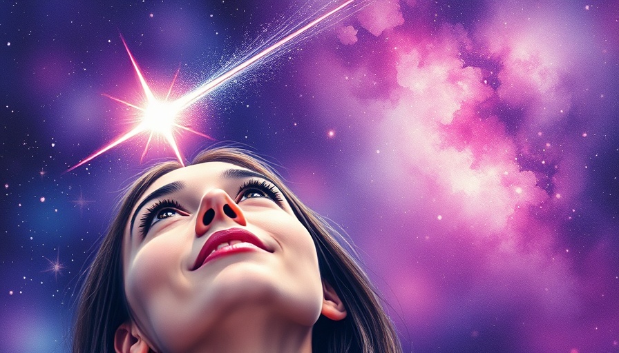 Dreamy-eyed woman gazing at a star, hopeful night sky, watercolor.