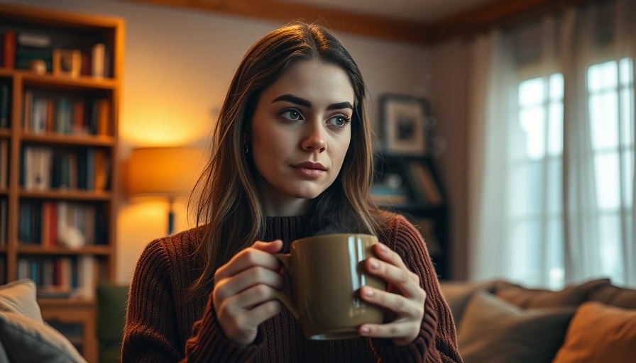 Young woman with anxiety disorder holding a mug, thoughtful in cozy room.