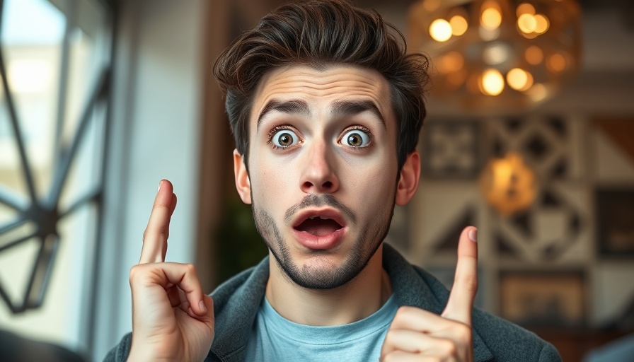 Surprised man reacting to Bitcoin trends with Bitcoin symbol.