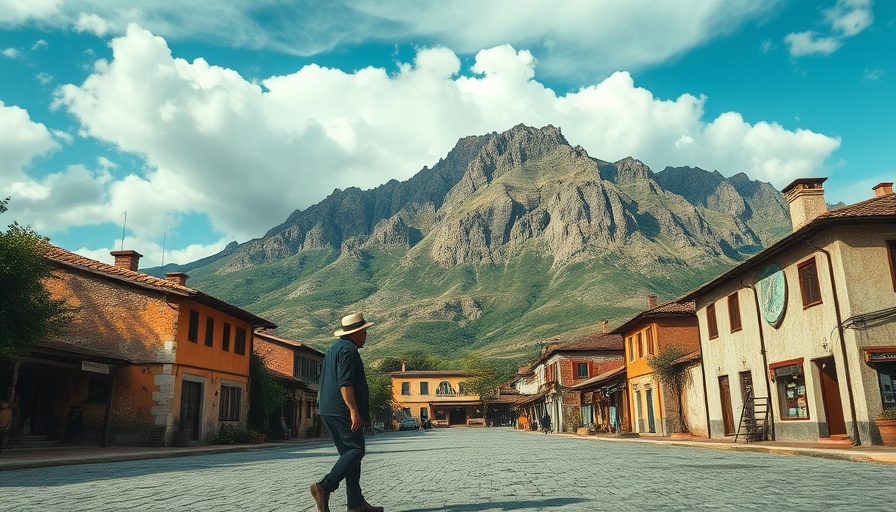 Man in village landscape, understanding sentient beings theme