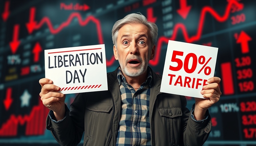 Dramatic depiction of Trump's tariffs impact on stock market with shocked man holding signs.