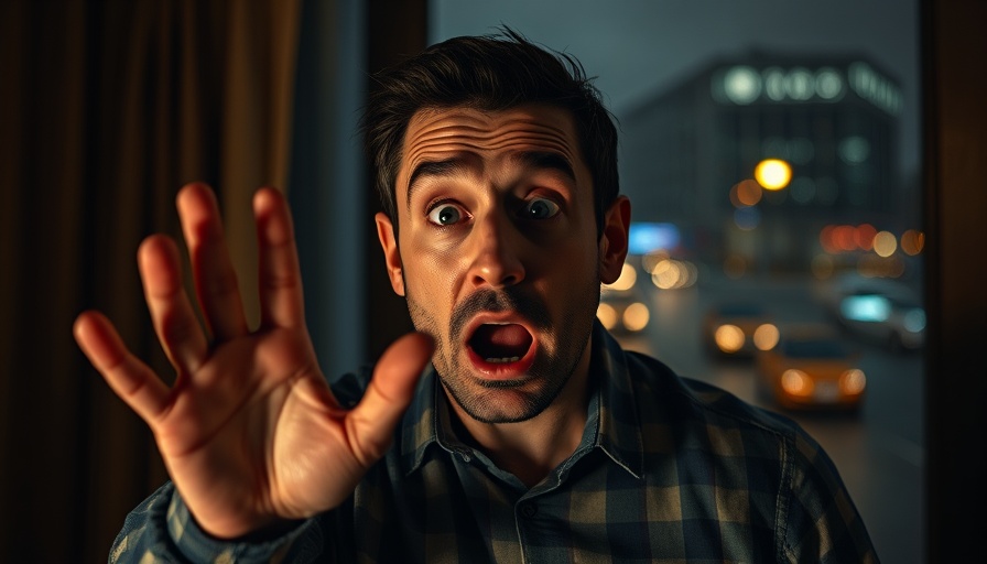 Intrigued man gesturing, city lights in rainy background
