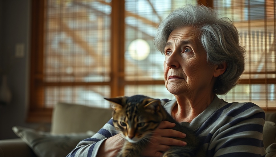 Contemplative woman with a cat reflecting in a sunlit room, cozy atmosphere.