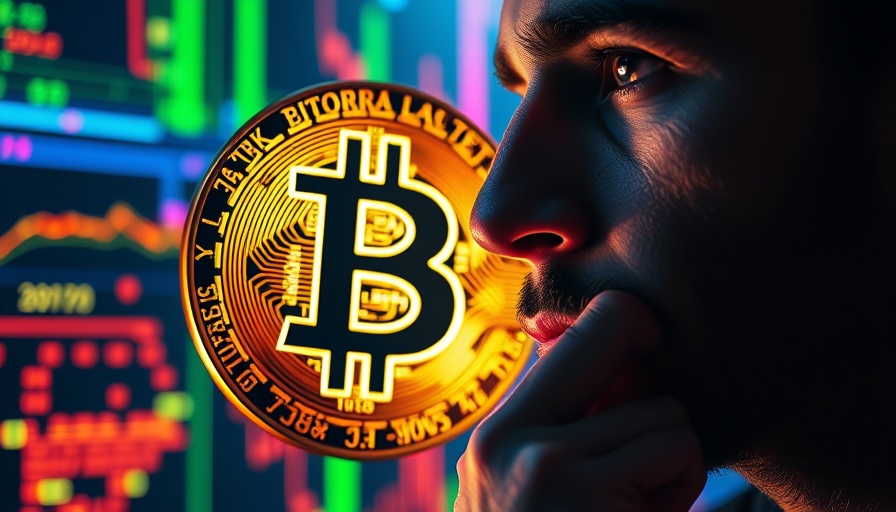 Bitcoin symbol with a thoughtful individual, vibrant digital theme.