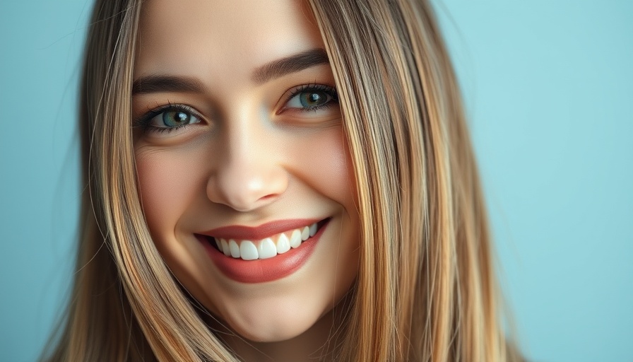 Close-up portrait of smiling woman against solid backdrop.