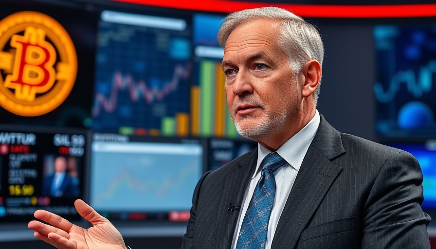 Formal middle-aged man discussing economic outlook with Bitcoin logo.