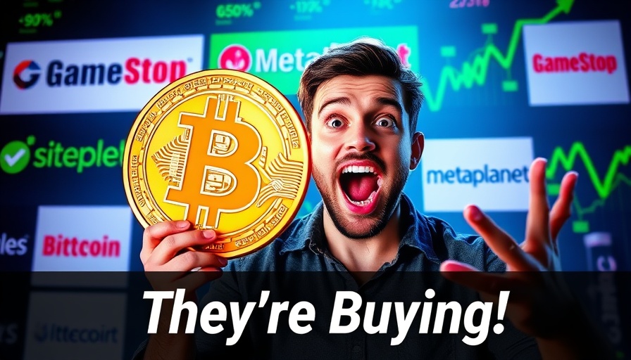 Excited person with Bitcoin and company logos, buying trend.