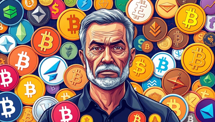 Crypto adoption market analysis with cryptocurrency logos and a focused man