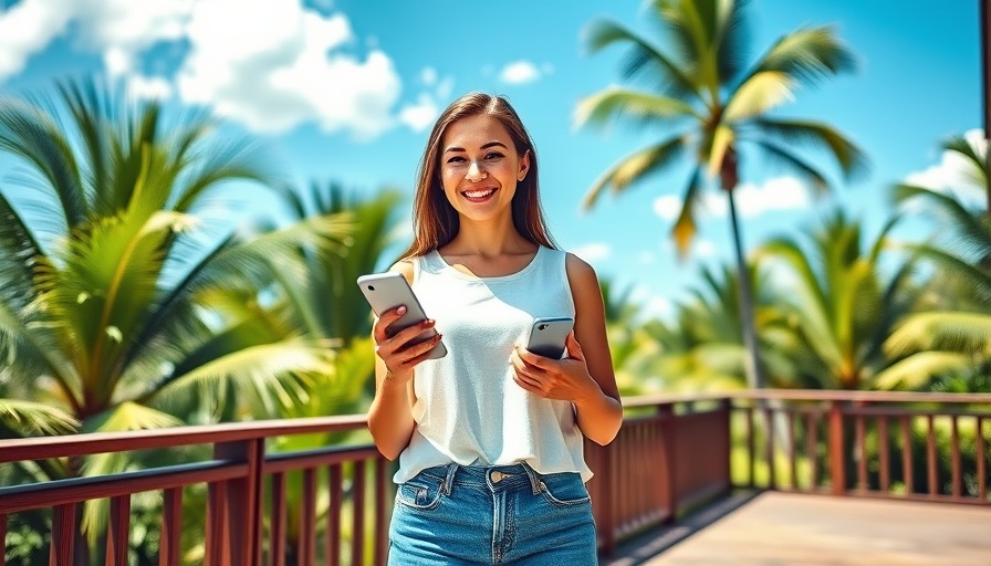 Woman smiling with smartphone, showcasing daily meditation benefits, in tropical setting.