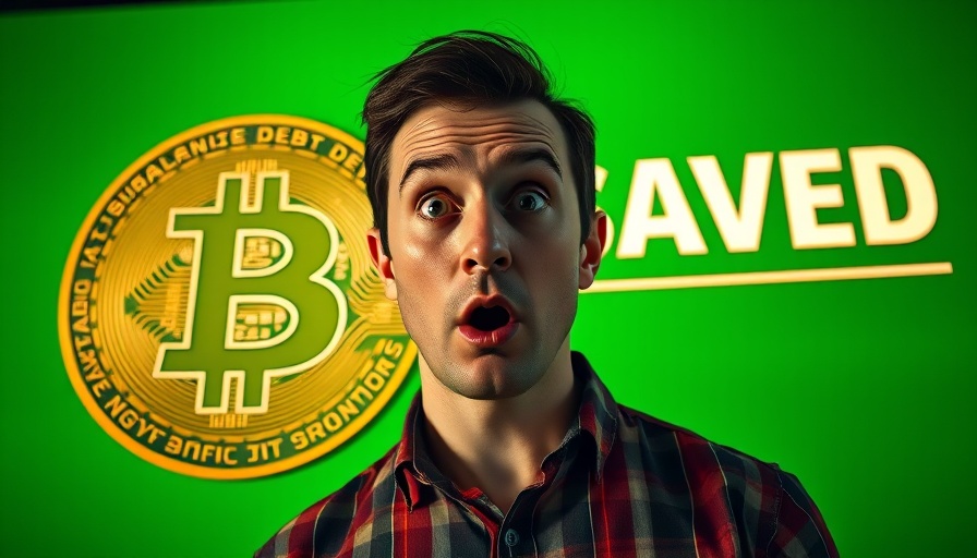 Surprised man with Bitcoin and debt symbols, financial theme.