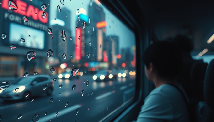 Rainy bus window view, blurred cityscape, calming atmosphere.