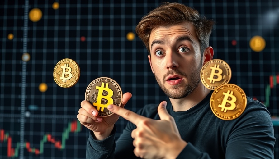 Young man points at cryptocurrency symbols showing surprise, Bitcoin surge trading