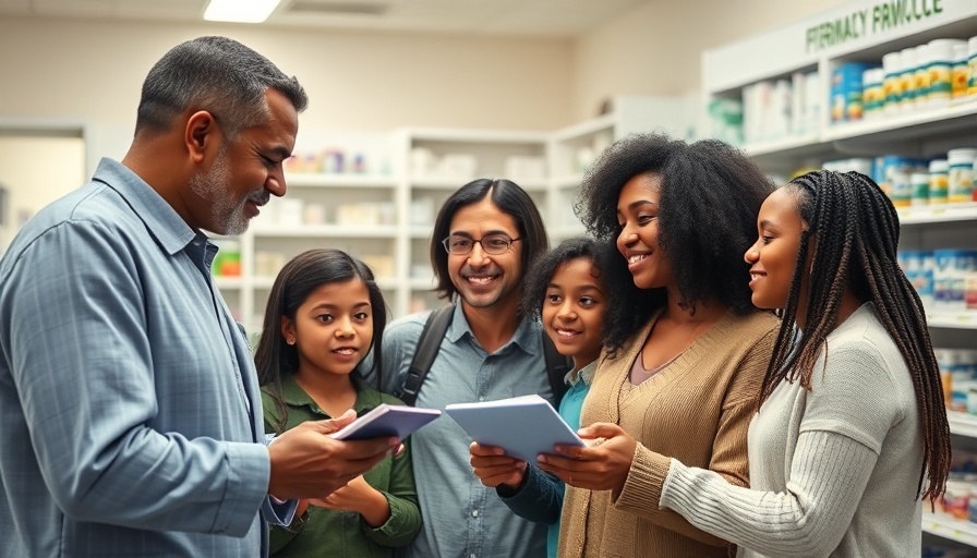 Diverse family discussing affordable medications at a pharmacy.