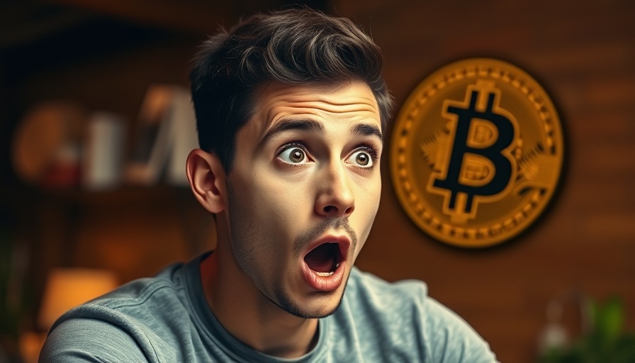 Surprised young man analyzing Bitcoin trends, warm background.