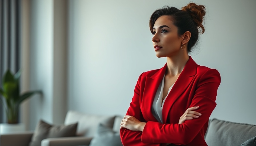 Confident woman discussing mental health awareness in a modern setting.