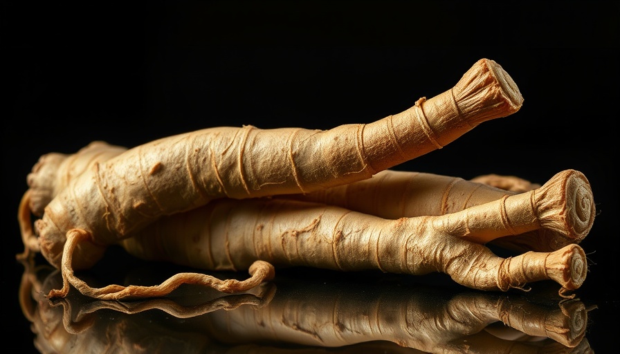 Ginseng roots reflecting light on a dark surface for family health.