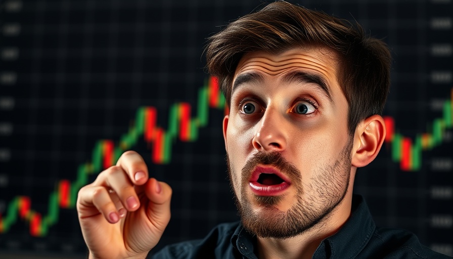 Surprised man analyzing Bitcoin chart amid price surge.