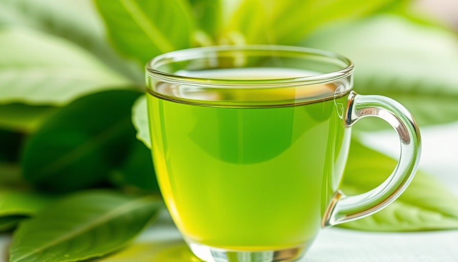 Green tea health benefits, fresh brew in glass cup.