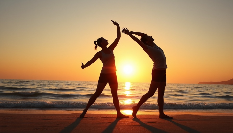 Silhouetted couple performing anti-aging stretches at sunset on beach.