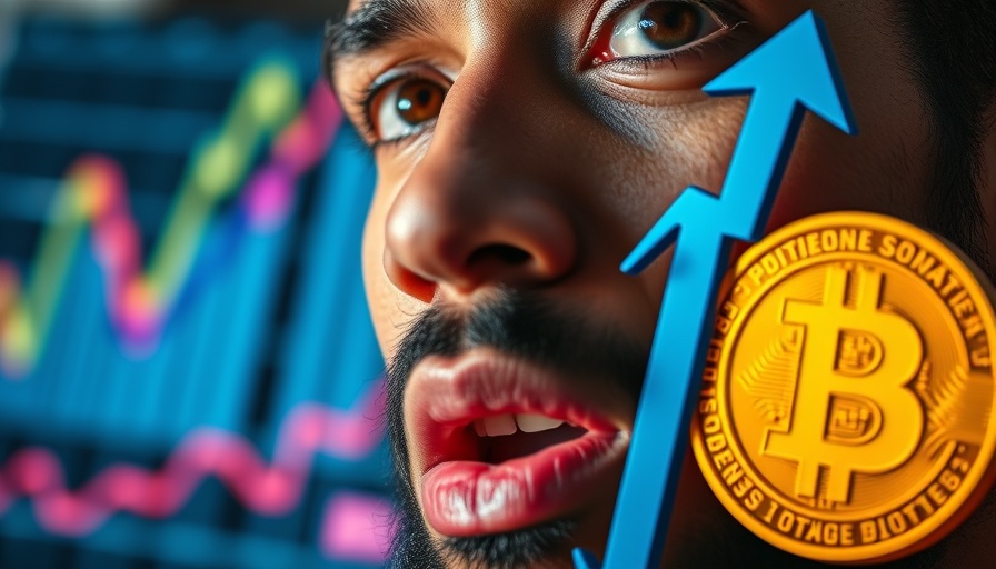 Bitcoin price surge concept with expressive person and crypto symbols.